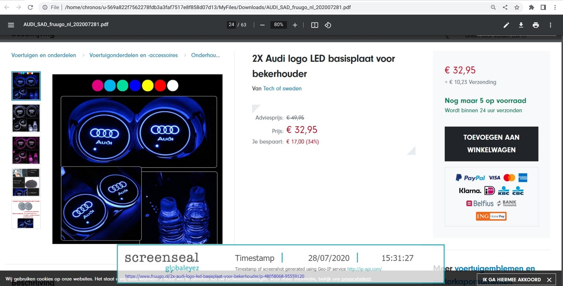 Screenshot von fruugo.nl mit einem potenziell IP-rechtsverletzenden Produktangebot
