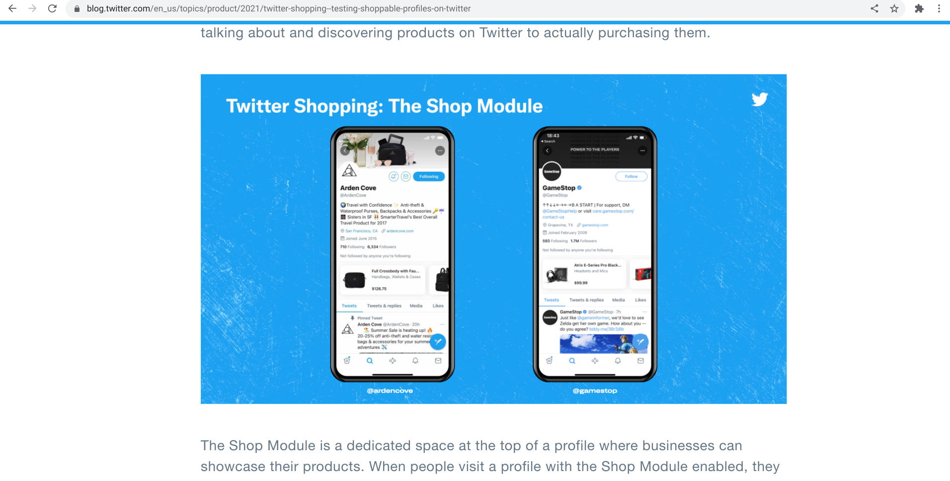 Screenshot von blog.twitter.com mit der Anzeige der Shop-Modul-Funktion