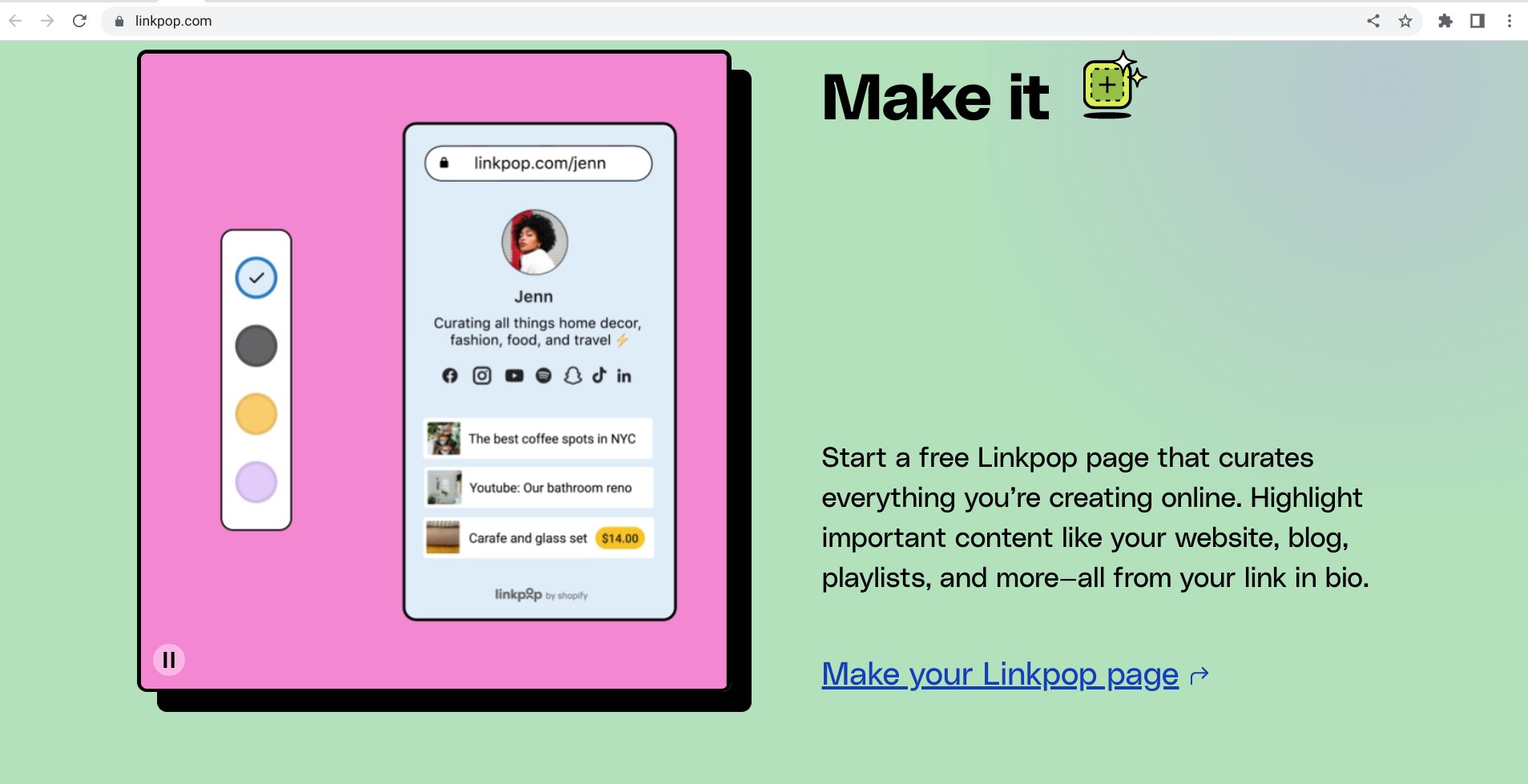 Screenshot von linkpop.com, der erklärt, wie man eine Seite erstellt