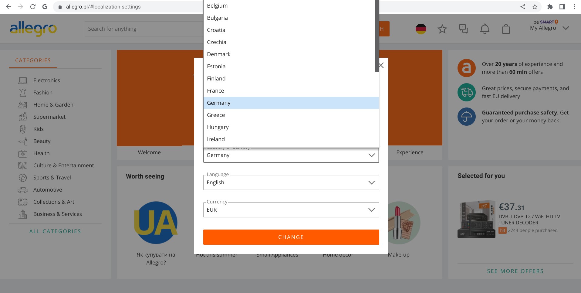 Screenshot von allegro.pl mit Anzeige der Länder-, Sprach- und Währungsoptionen