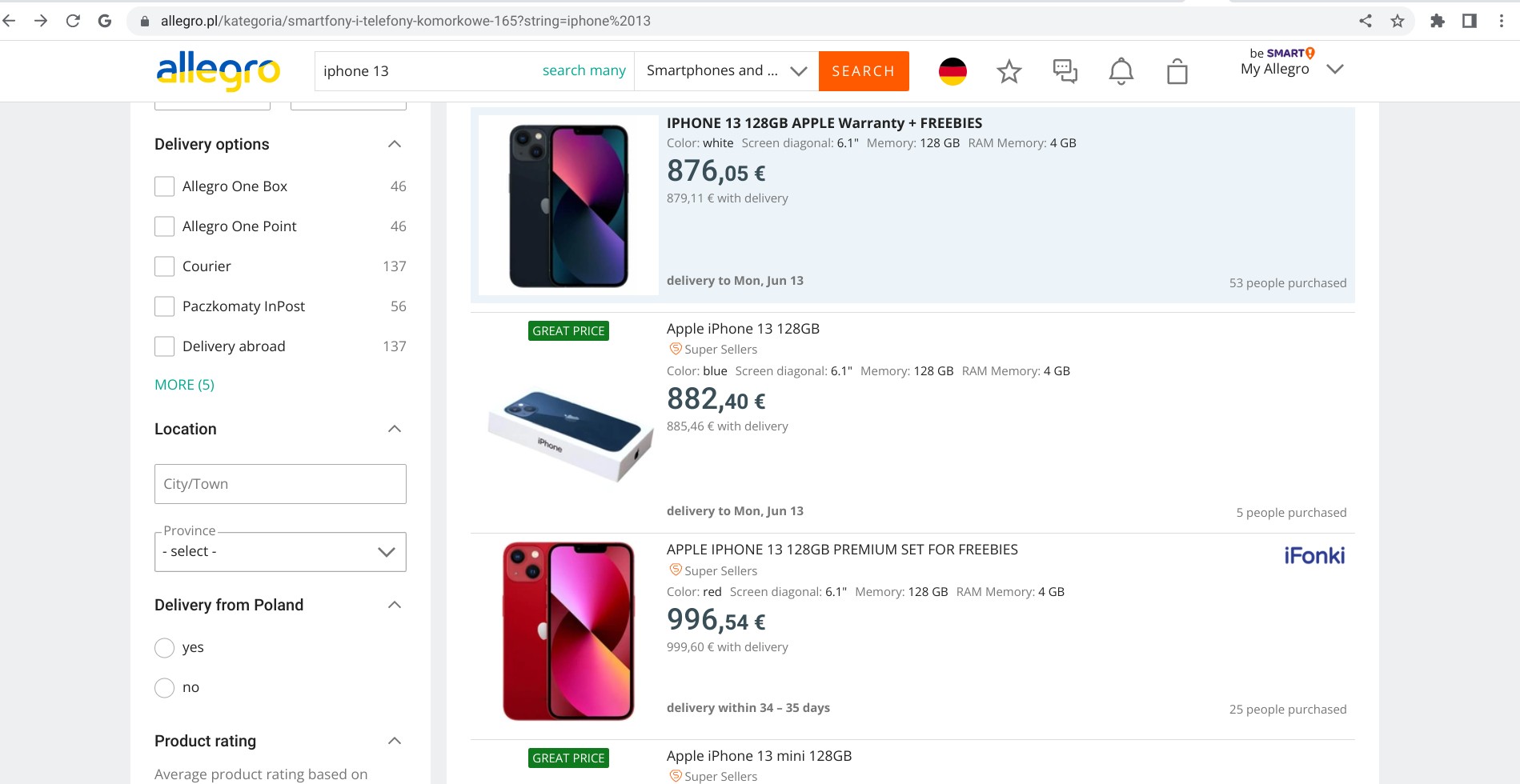 Screenshot von allegro.pl mit iPhone 13 Produktangeboten von verschiedenen Verkäufer:innen