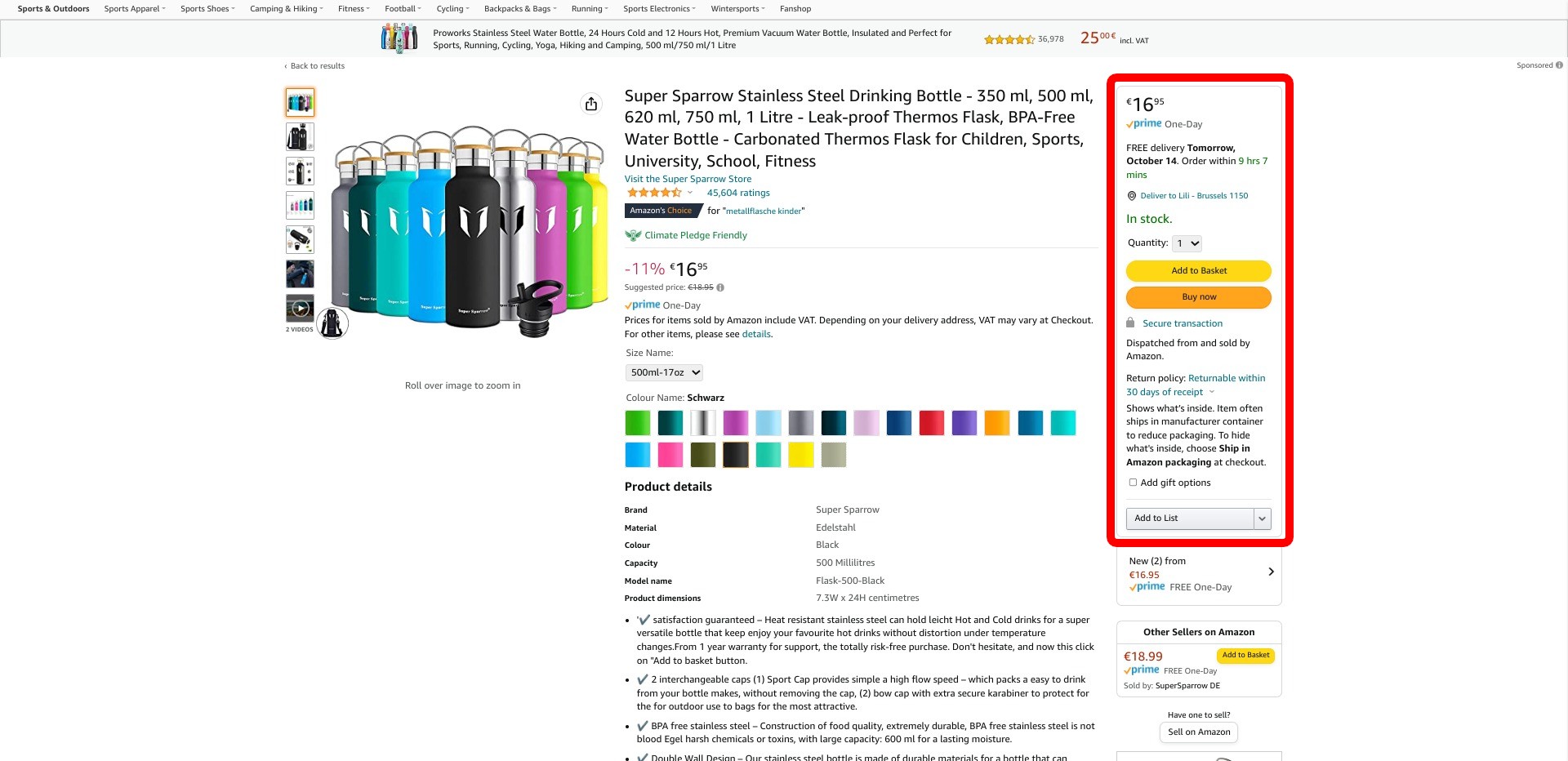 Screenshot of a random listing on amazon.de. The Buy Box is highlighted in red