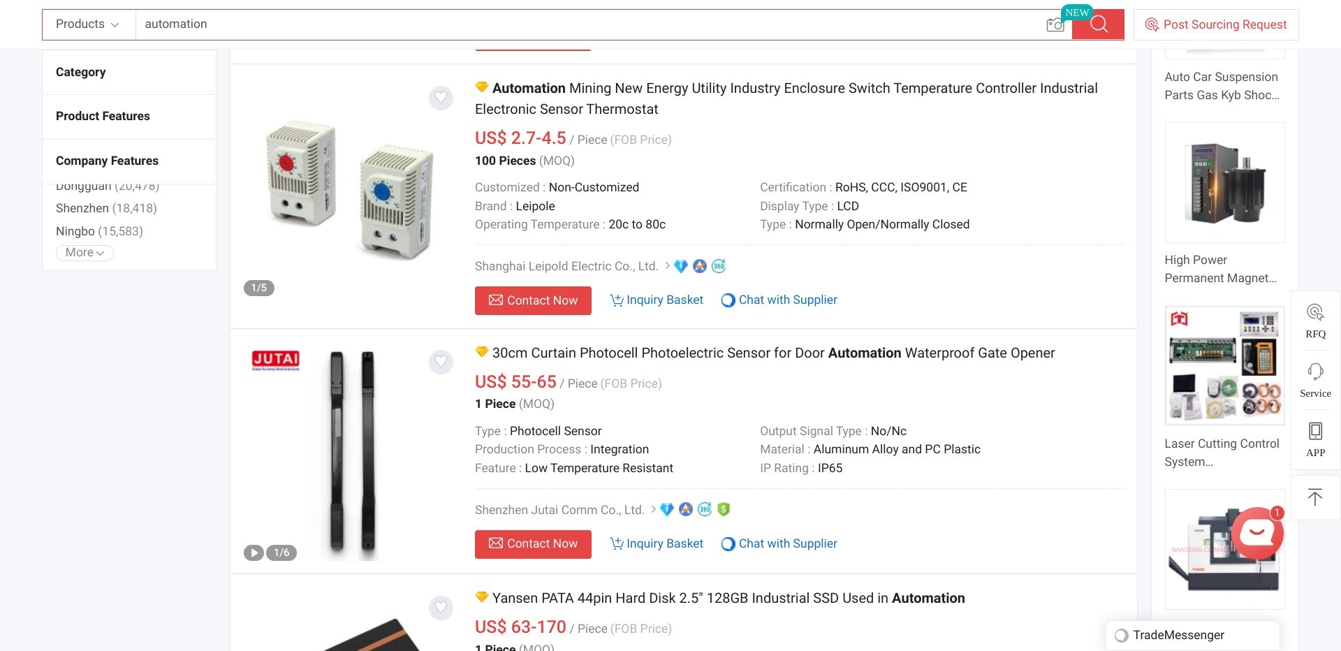 Screenshot of random automation product listings on made-in-china.com