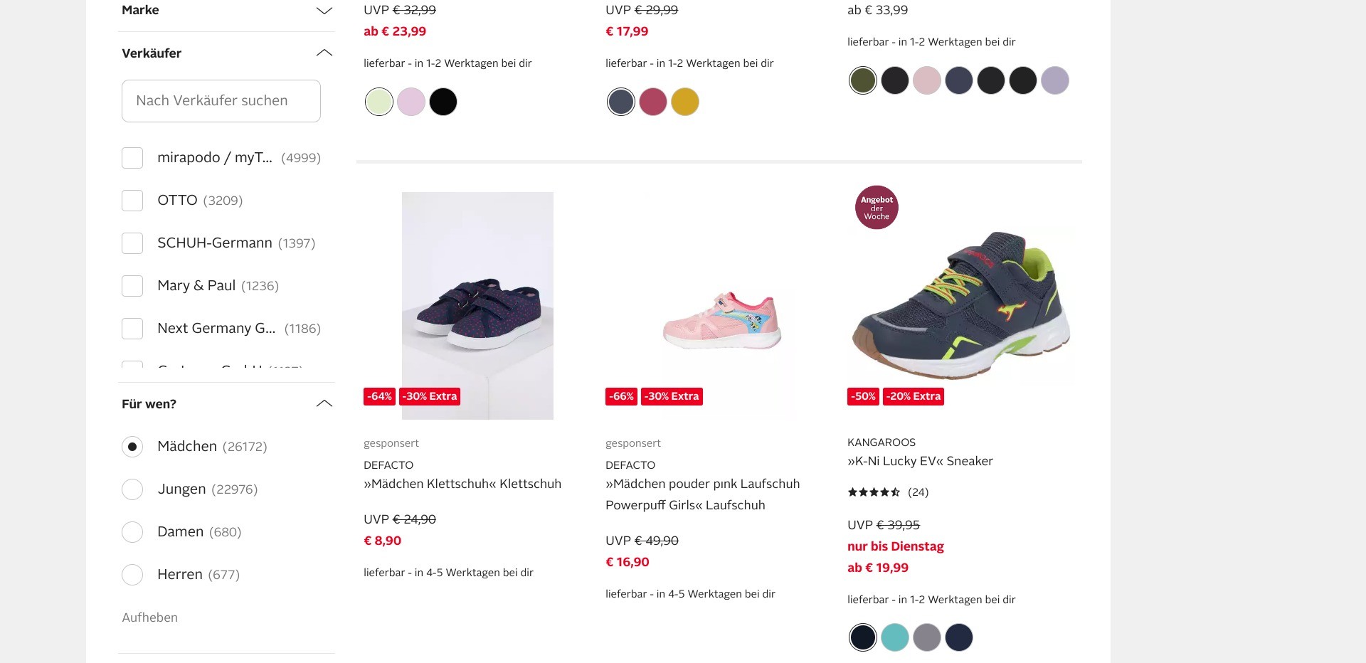Screenshot of random product listings on otto.de with the option to search for sellers displayed on the left