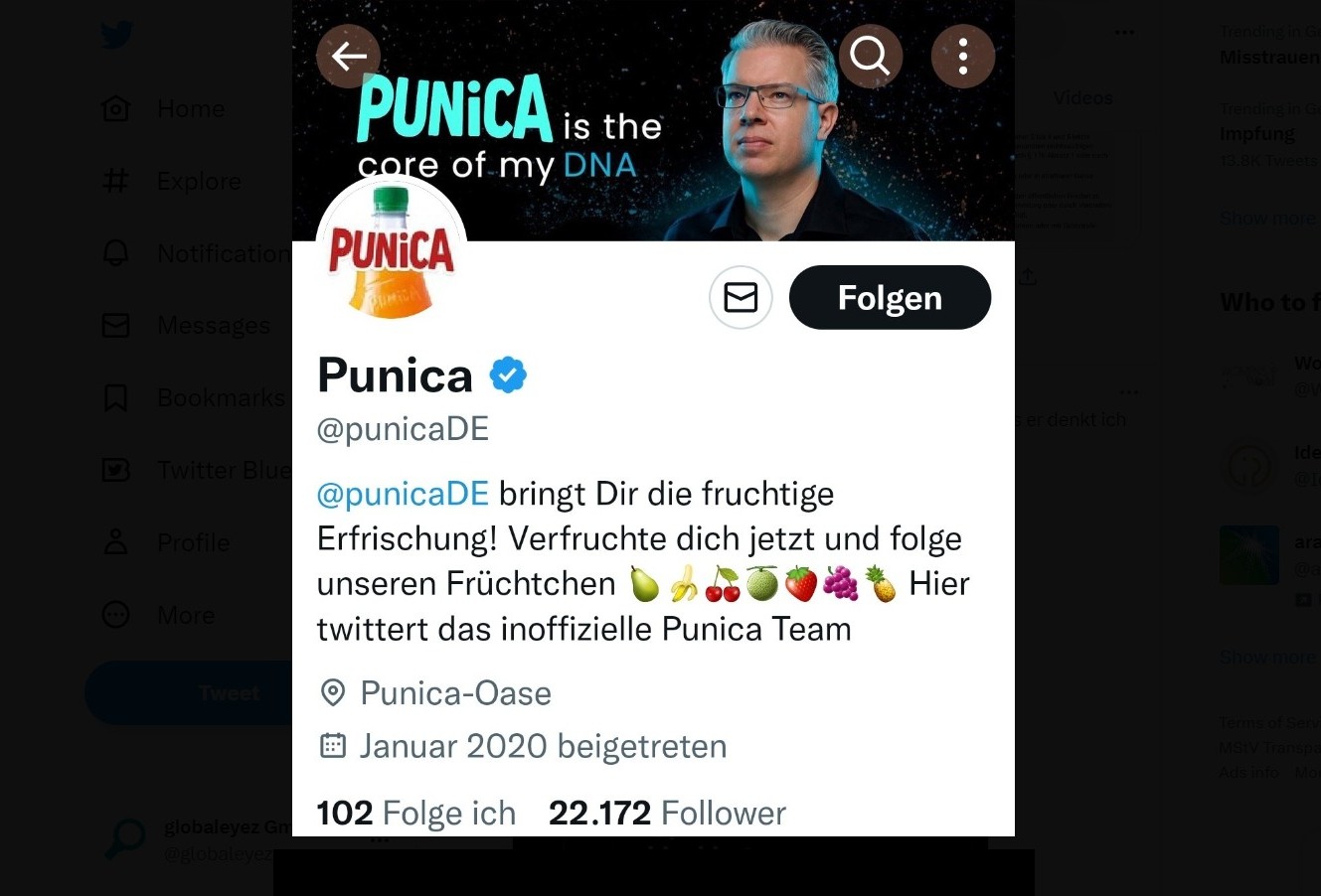 Screenshot of the parody Punica account. Translation of the account description: @ punicaDE brings you the fruity refreshment! Freshen up now and follow our fruities. Here tweets the unofficial Punica team. (translated by globaleyez)