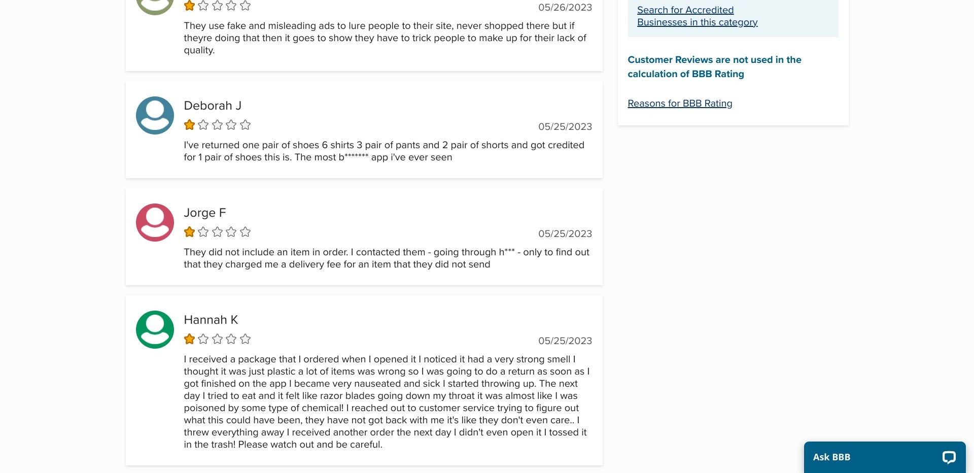 Screenshot of https://www.bbb.org/us/ma/boston/profile/online-shopping/temucom-0021-553943/customer-reviews displaying customer reviews of Temu