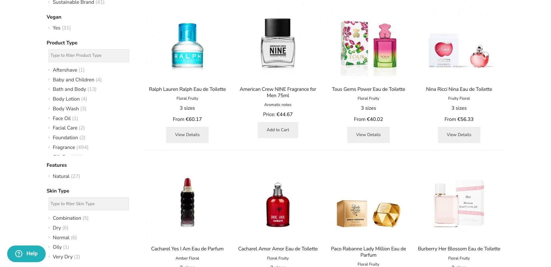 Screenshot of random product listings on caretobeauty.com