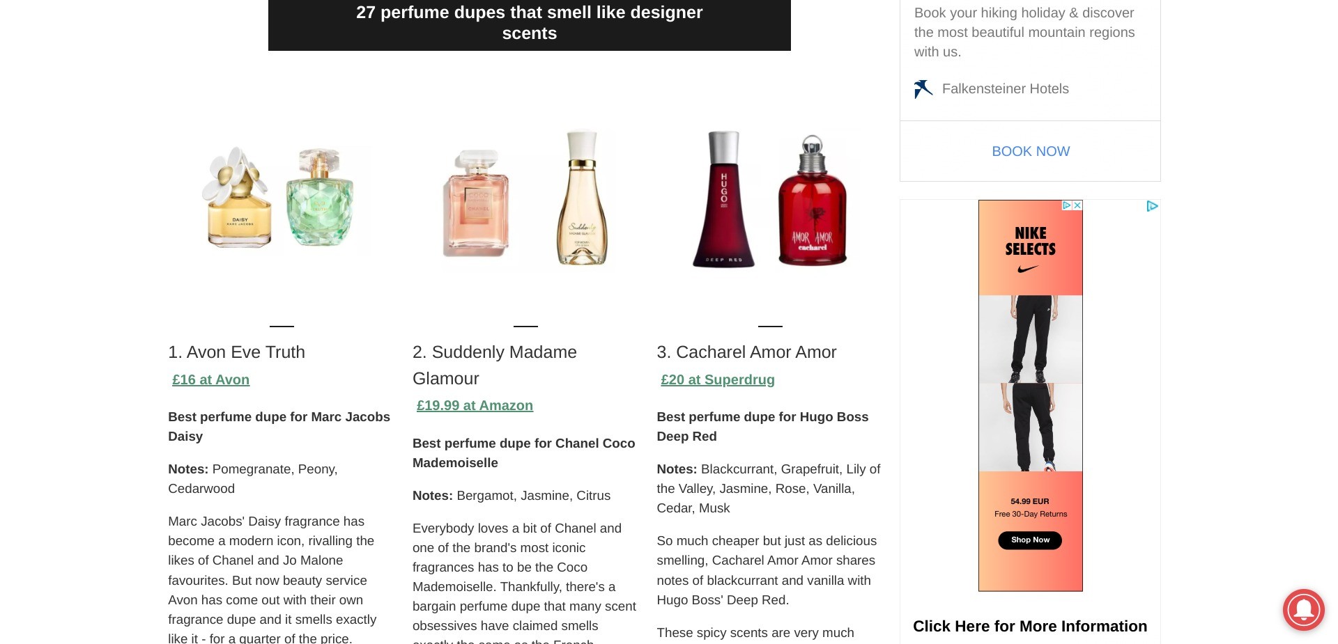 Screenshot of an article on https://www.goodto.com/wellbeing/28-cheap-perfumes-that-smell-just-like-designer-scents-108852 displaying luxury perfumes and suggesting cheaper duplicate products