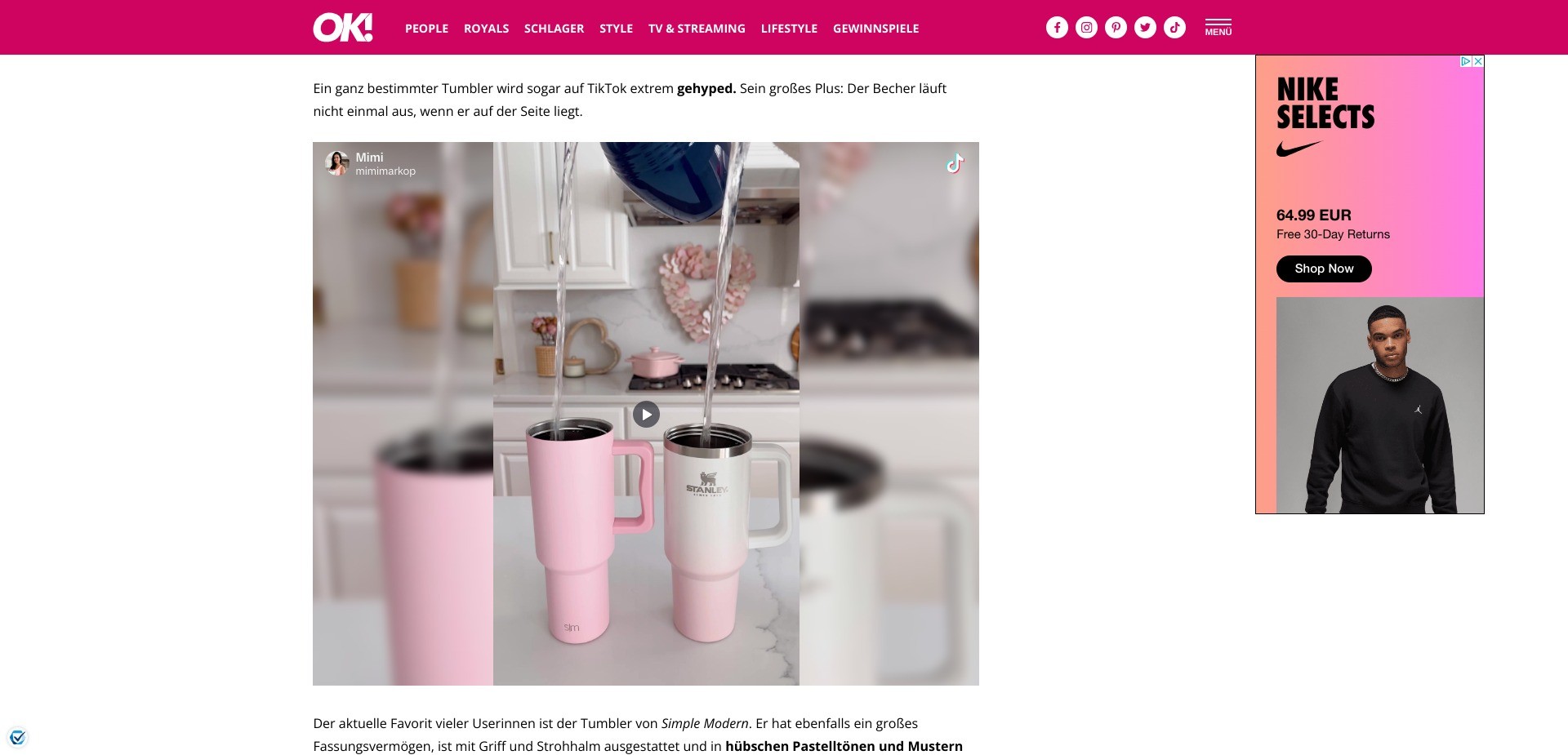 Screenshot of a still image from a TikTok video on https://www.ok-magazin.de/lifestyle/stanley-adventure-quencher-so-shoppst-du-den-beliebten-tumbler-deutschland-86900.html comparing the branded Stanley Quencher cup and its cheaper dupe