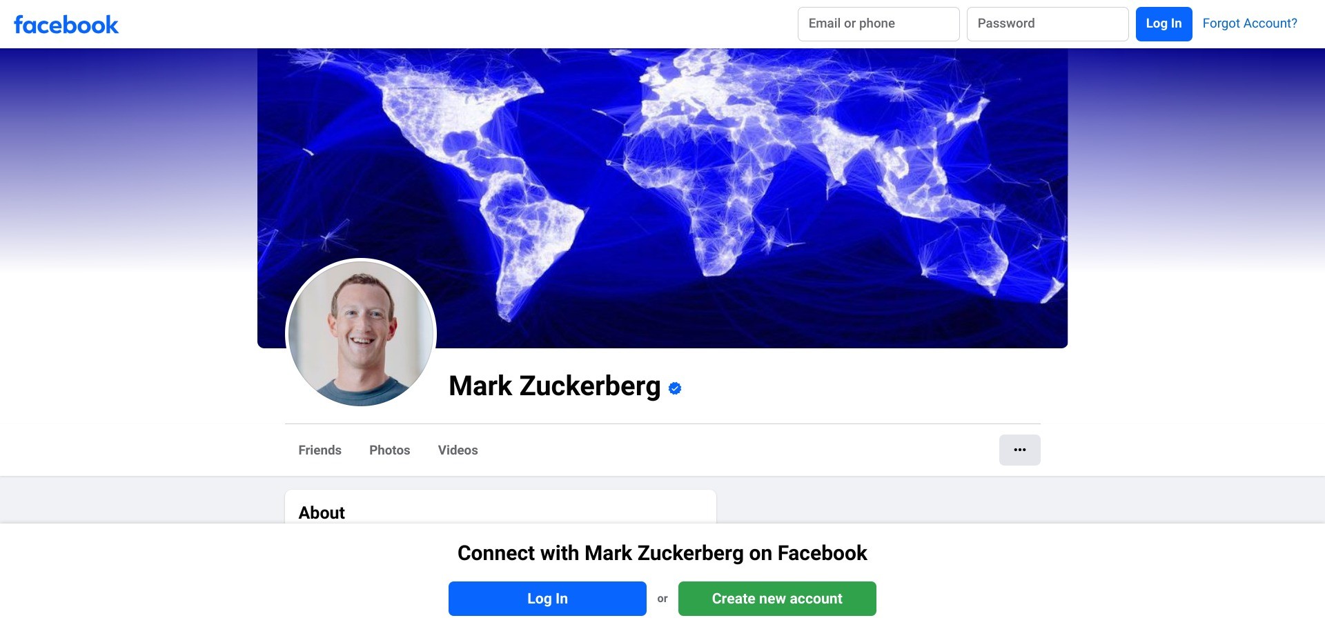Screenshot of facebook.com/zuck, displaying Meta CEO Mark Zuckerberg’s Facebook account with a little blue tick next to his name 