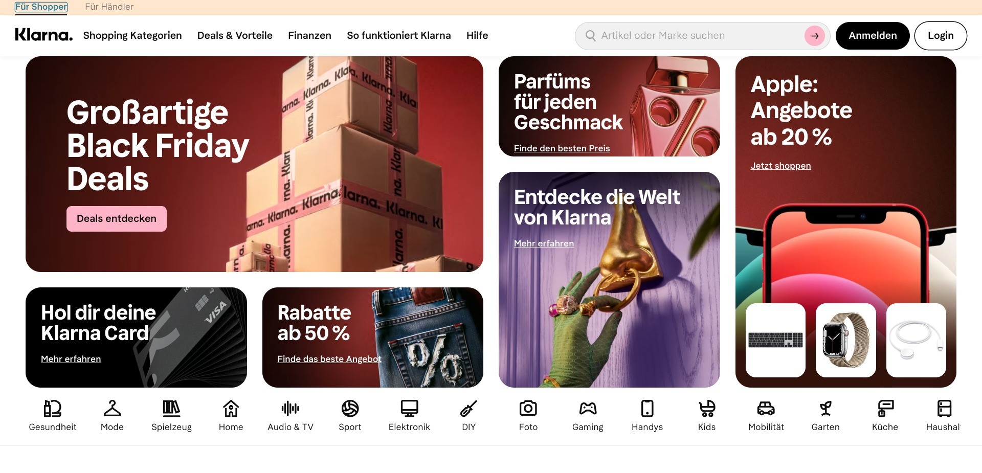 Screenshot of klarna.com/de displaying Klarna’s e-Commerce offering
