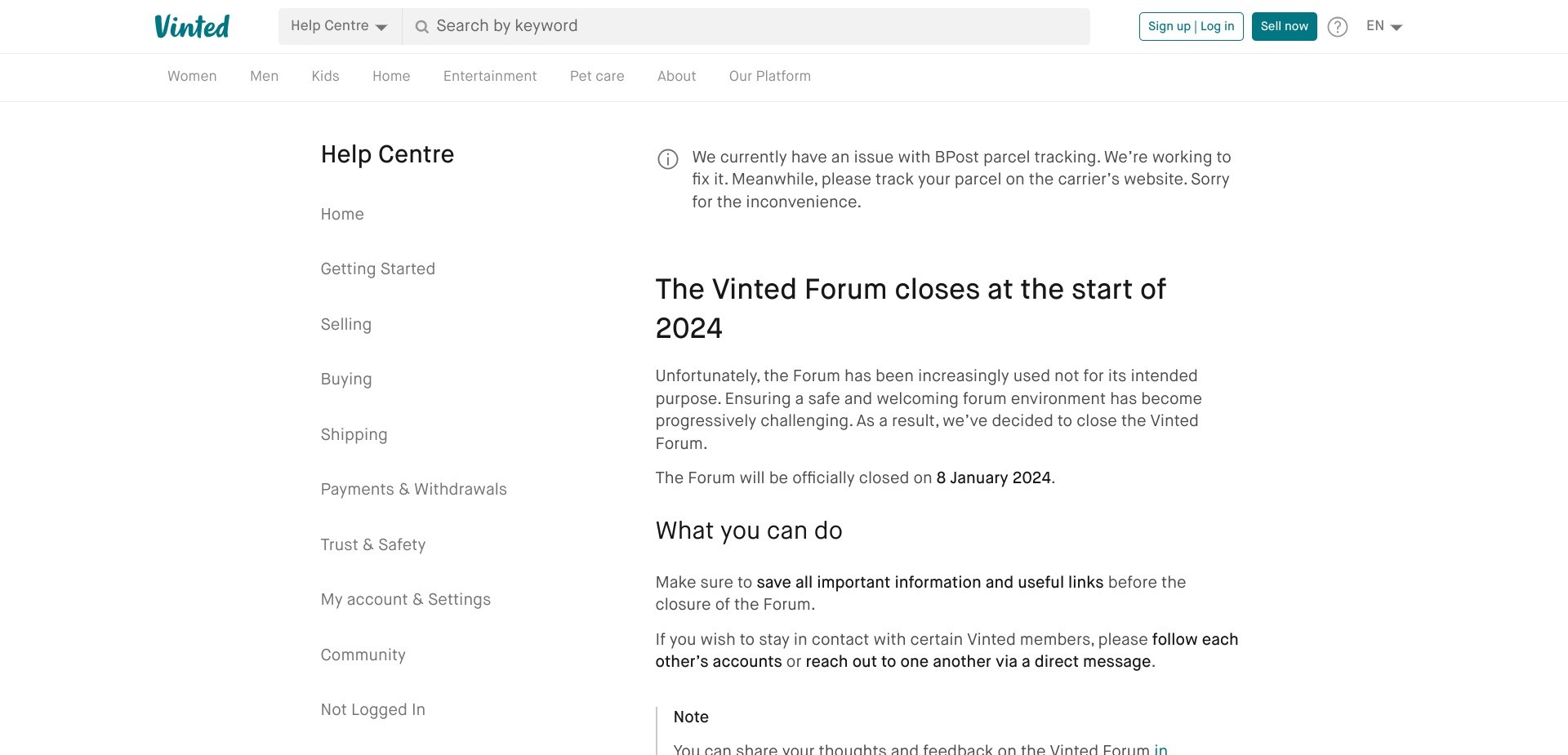 Screenshot von vinted.be, der die Nachricht über die Schließung des Forums anzeigt