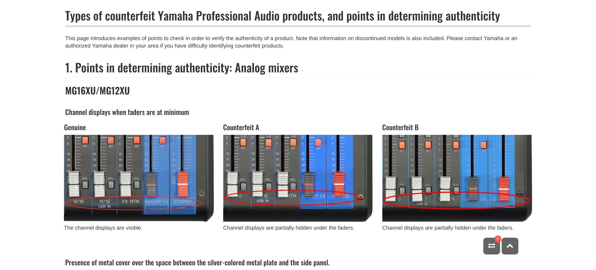 Screenshot of https://asia-latinamerica-mea.yamaha.com/en/products/contents/proaudio/counterfeit/index.html displaying the difference between an authentic Yamaha analog mixer and two fake ones