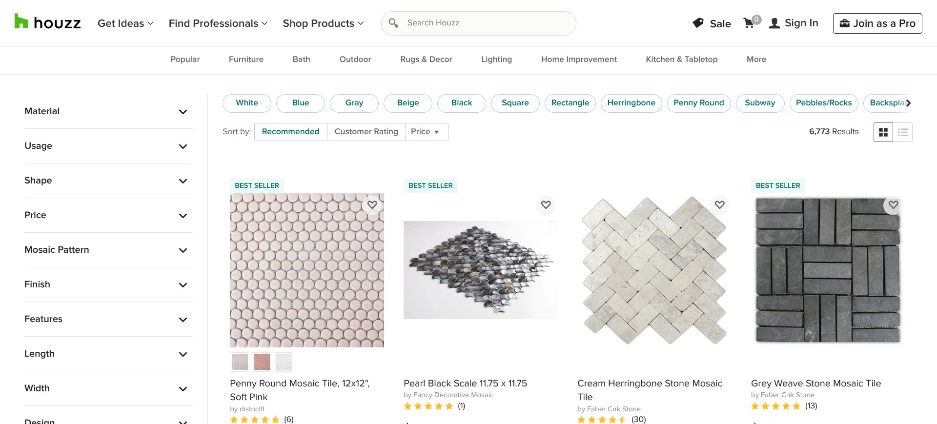 Screenshot of houzz.com featuring random product listings in the category “Mosaic Tiles”