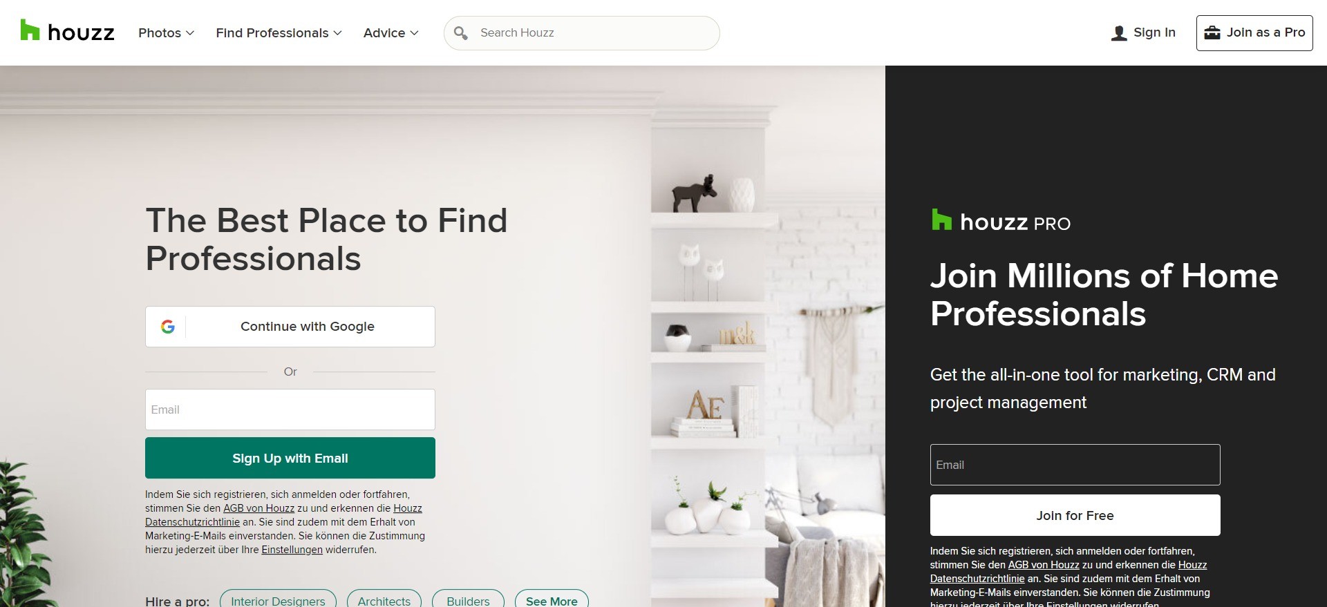 Screenshot of houzz.com.au’s homepage with the Shop Products option missing from the menu bar