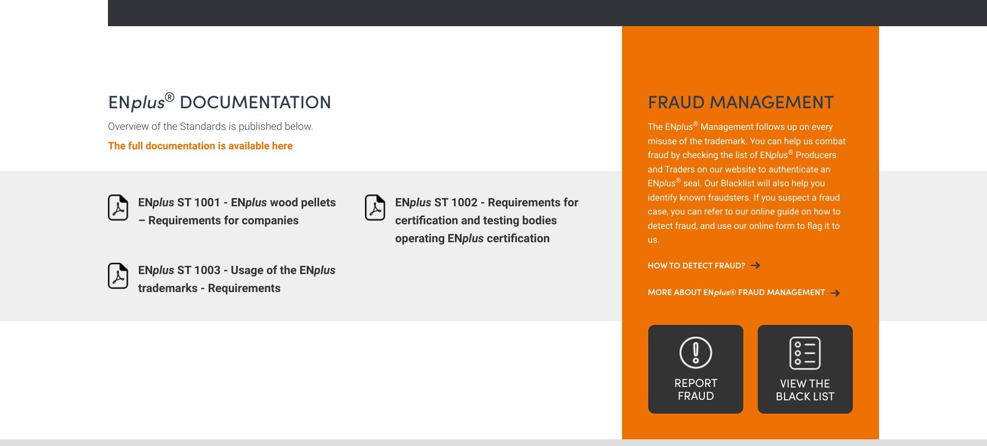 Screenshot of enplus-pellets.eu displaying the fraud management section